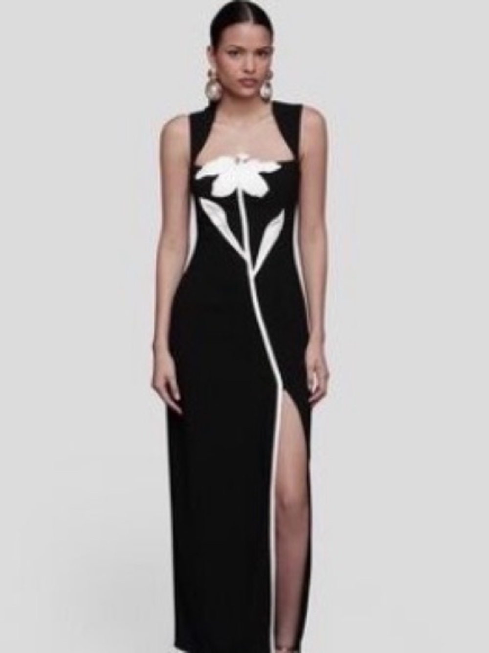 Avec Les Filles Black Maxi Dress with White Floral Applique